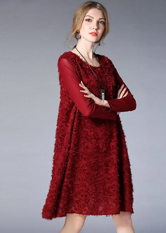 long sleeve dressElegant Mulberry O-Neck Jacquard Chiffon Vacation Dresses Long Sleeve