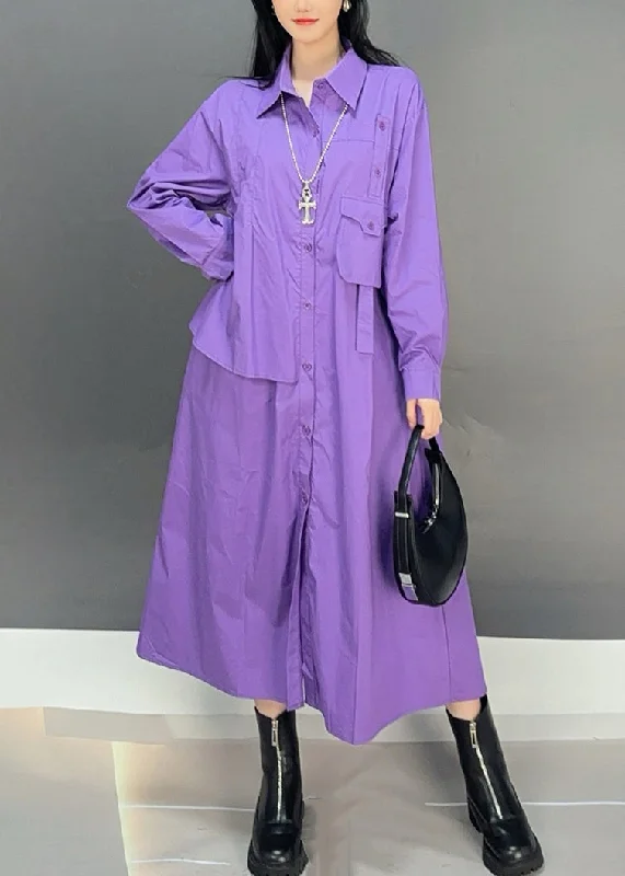 Midnight Sale cocktail party dressLoose Purple Peter Pan Collar Button Cotton Shirts Dress Fall