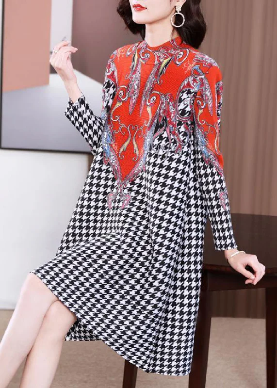 boho dressWomen Red High Neck Plaid Wrinkled A Line Dress Spring