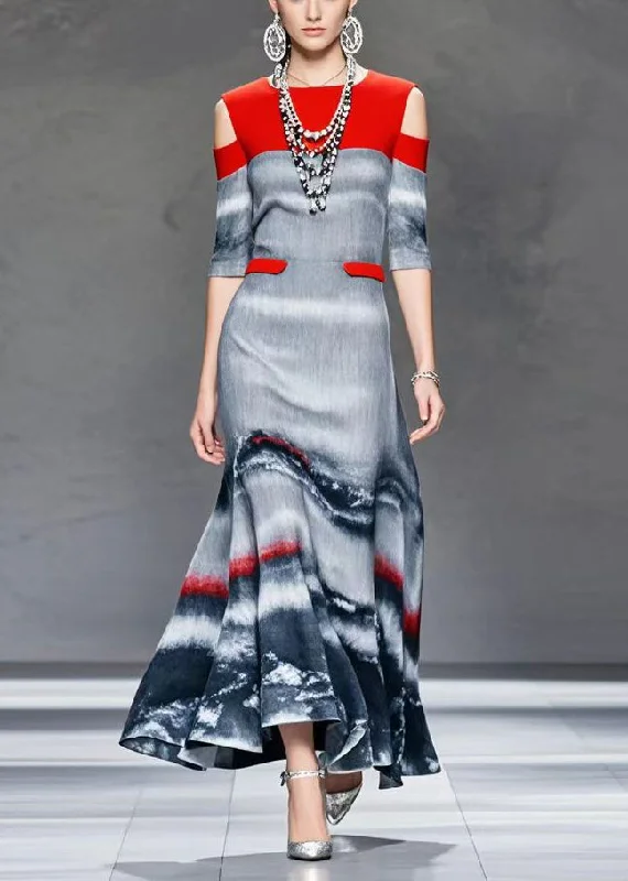 Savings Galore cocktail dressFrench Grey Cold Shoulder Patchwork Tie Dye Cotton Maxi Dresses Fall