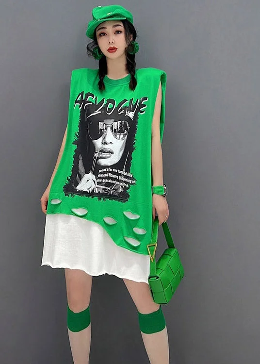 winter dressPlus Size Green O-Neck Print Patchwork Dress Sleeveless