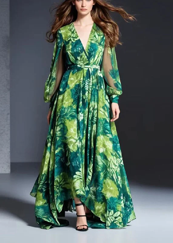 fitted bodycon dressBohemian Green V Neck Print Chiffon Dresses Spring