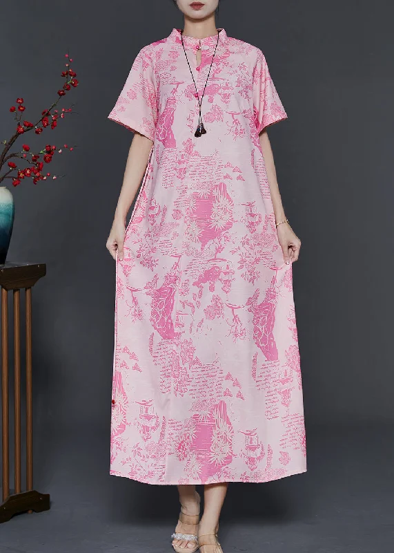 tiered dressBohemian Pink Print Cotton Chinese Style Dress Summer