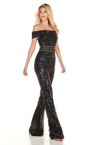 Big Discounts Rachel Allan - Sequined Off-Shoulder Jumpsuit 4147 - 1 pc Black In Size 6 Available