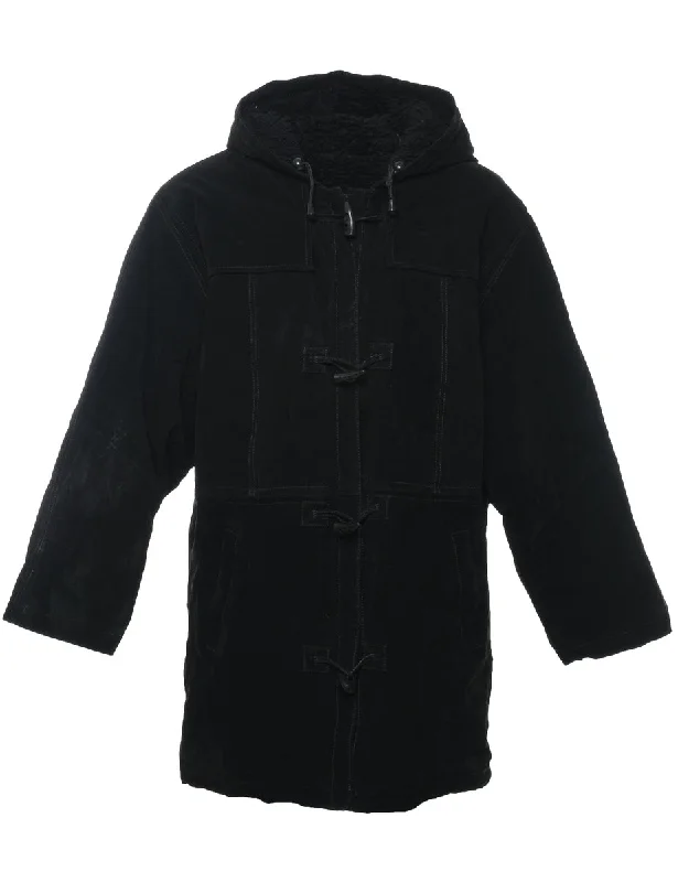 Online Exclusive stylish peacoatHooded Black Faux Shealing Lined Suede Jacket - M
