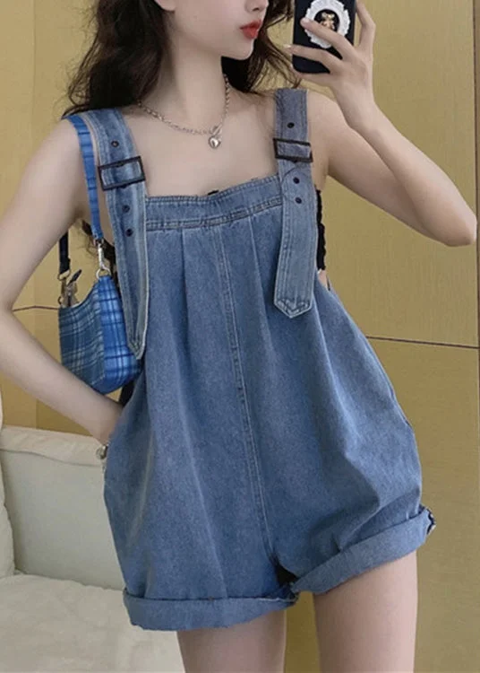 Special Price Plus Size Blue Slash Neck Patchwork Button Jumpsuit Pants Summer LY0196
