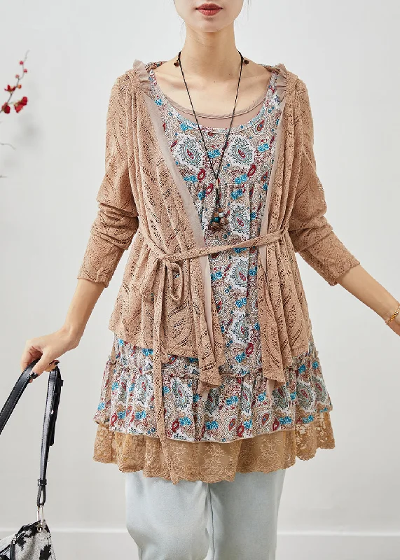 casual evening dressWomen Khaki Hooded Patchwork Wrinkled Cotton Fake Two Piece Mini Dress Fall