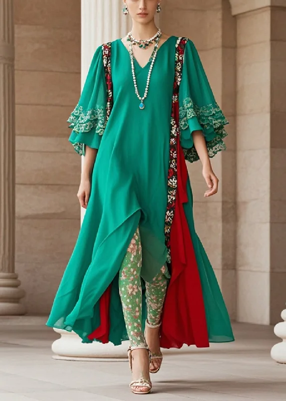 Limited Quantity structured dressArt Green Asymmetrical Patchwork Chiffon Dress Flare Sleeve