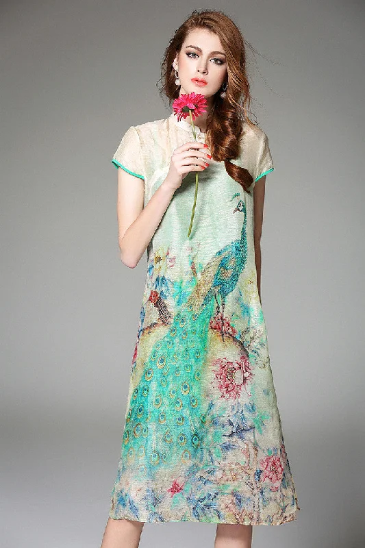 satin dressPeacock Print Silk Dress