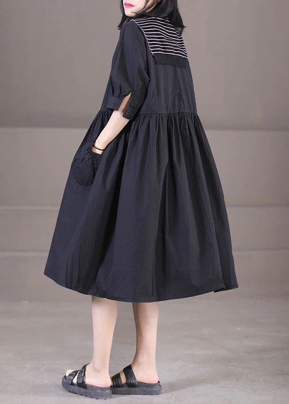 Shop and Save long sleeve dressCasual Black Sailor Collar Patchwork Cotton Pleated Dress Half Sleeve