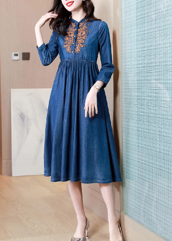 Special Discount sleek midi dressFrench Denim Blue V Neck Embroideried Patchwork Elastic Waist Cotton Long Dresses Spring