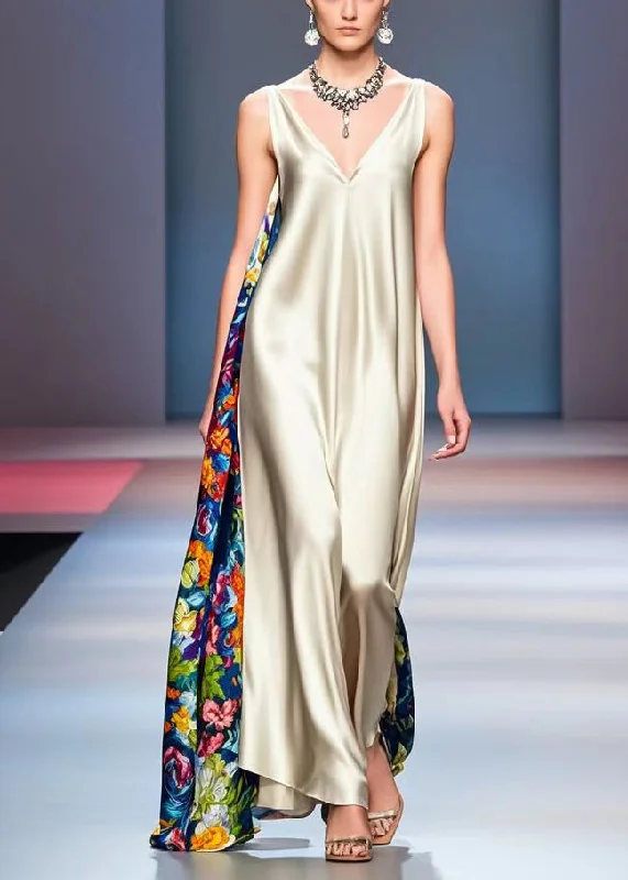 minimalistic dressWomen Champagne Asymmetrical Patchwork Print Silk Long Dress Sleeveless