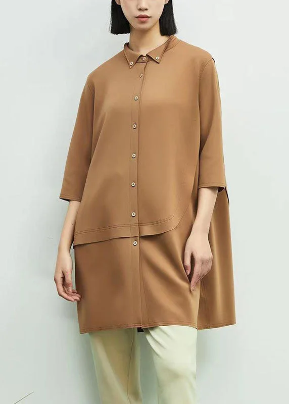 stylish dressChic Khaki Peter Pan Collar Asymmetrical Patchwork Cotton Dresses Spring