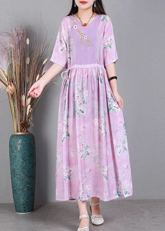 Anniversary Sale satin dressPink V Neck  Embroideried Drawstring Tie Waist Silk Vacation Dresses Short Sleeve