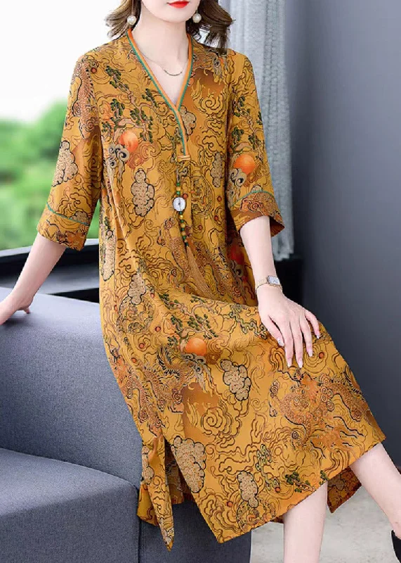 Huge Discounts ruched dressLoose V Neck Print Side Open Silk Maxi Dresses Half Sleeve