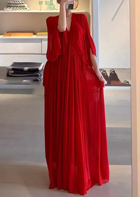 Loyalty Reward summer dressElegant Red V Neck Wrinkled Solid Chiffon Maxi Dress Half Sleeve Loyalty Reward summer dressElegant Red V Neck Wrinkled Solid Chiffon Maxi Dress Half Sleeve
