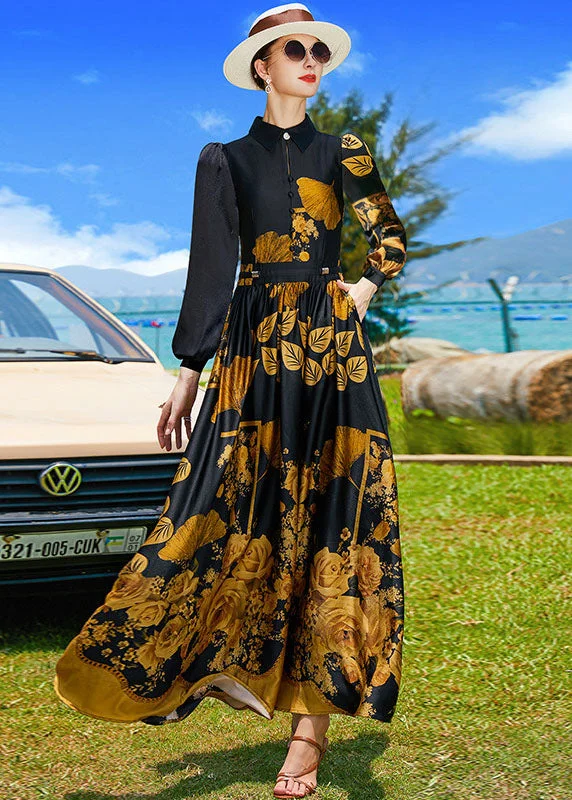 Price Break sleek dressFrench Black Peter Pan Collar Print Sashes Silk Holiday Dresses Spring Price Break sleek dressFrench Black Peter Pan Collar Print Sashes Silk Holiday Dresses Spring