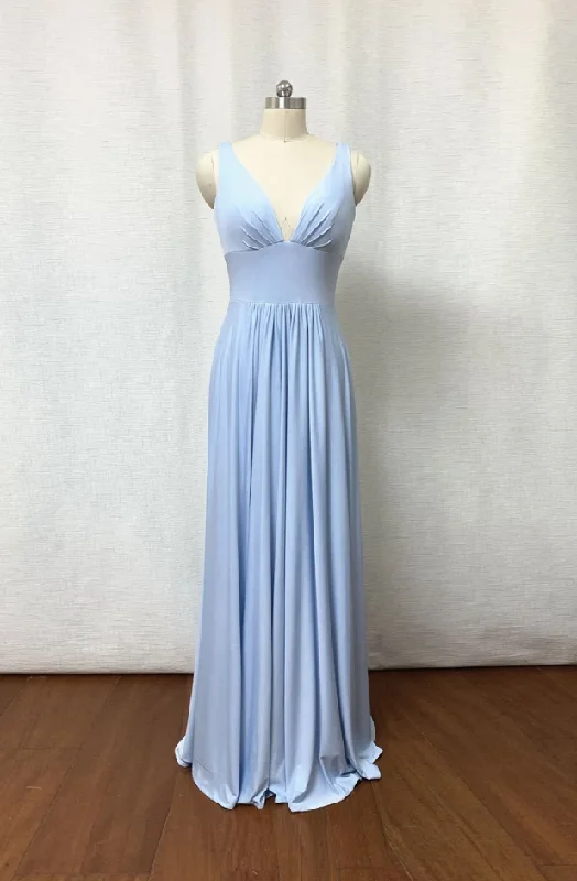 Sale Event elegant shift dressLong V-neck Blue Bridesmaid Dress