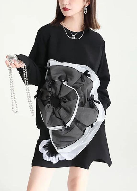 casual knit dressBohemian Black Asymmetrical Patchwork Tulle Applique Cotton Sweatshirts Dress Fall