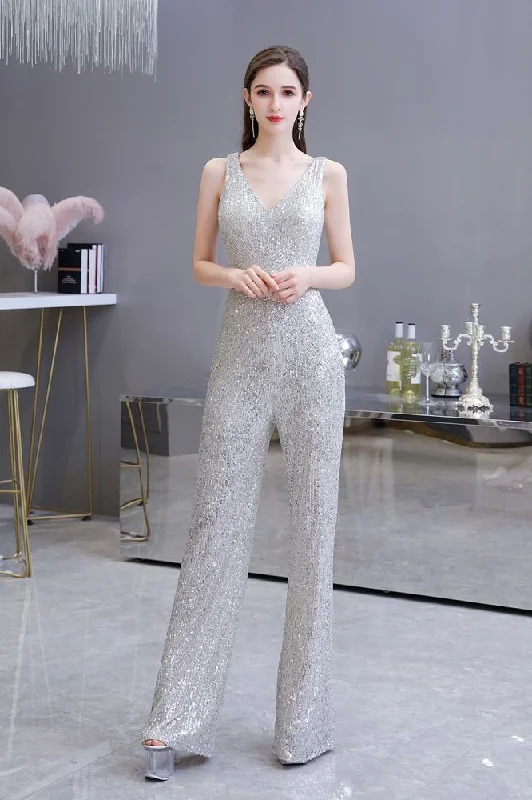 Can't Miss Chic Shining V-neck Silver Sequin Sleeveless Prom Jumpsuit
