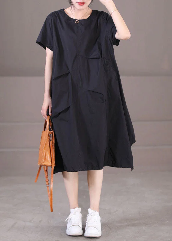 Exclusive Savings playful dressItalian Black O-Neck Drawstring Cotton Long Dress Short Sleeve