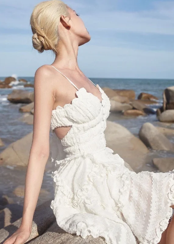 Can't Miss structured dressClassy White Cold Shoulder Ruffled Patchwork Short Spaghetti Strap Dress Vestidos Summer