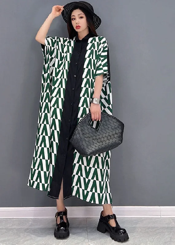 Midnight Madness satin dressLoose Green V Print Peter Pan Collar Button Chiffon Shirt Dresses Short Sleeve