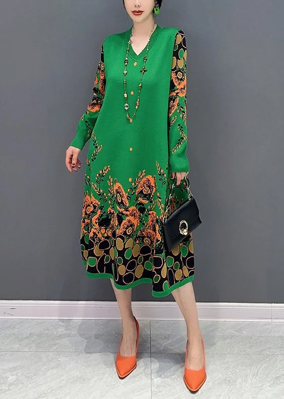 Price Drop Alert spaghetti strap dressSimple Green V Neck Print Knit A Line Dress Spring