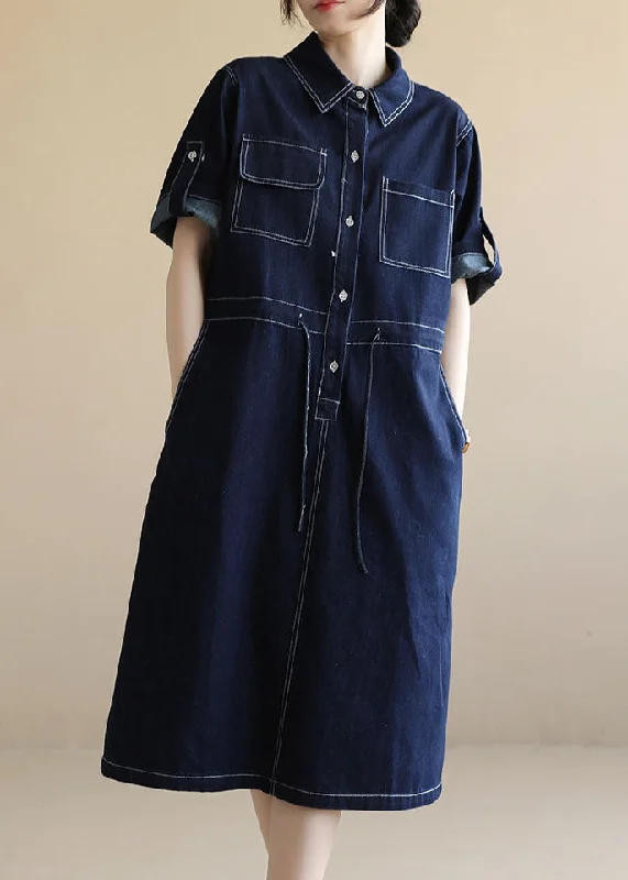 Extra Discounts elegant dressStyle Navy Peter Pan Collar Pockets Drawstring Cotton Denim Dresses Short Sleeve