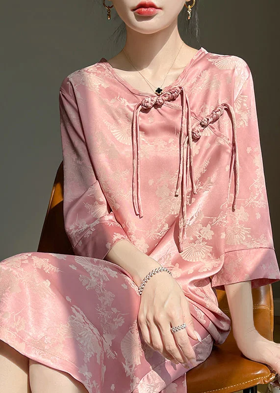 Act Fast summer floral dressChinese Style Pink Tasseled Jacquard Silk Dresses Bracelet Sleeve Act Fast summer floral dressChinese Style Pink Tasseled Jacquard Silk Dresses Bracelet Sleeve