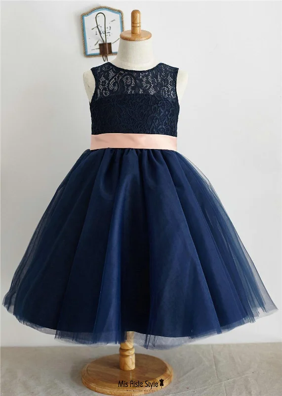 Exclusive Access summer floral dressNavy Blue Flower Girl Dress with Pink Bow