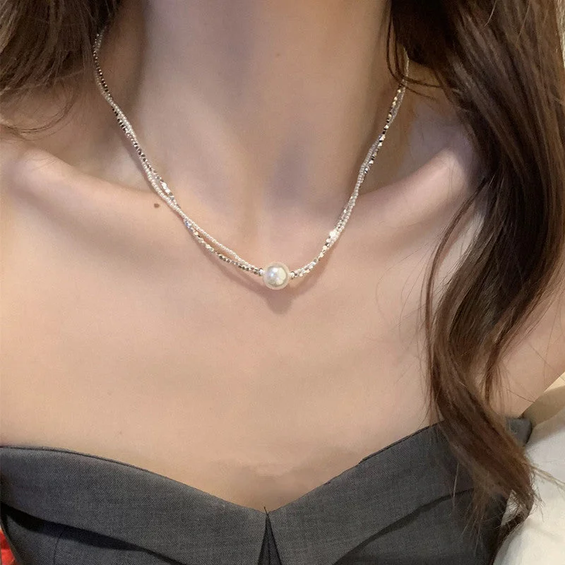 Great Deals printed dressShredded silver pearl double necklace choker 800772966486