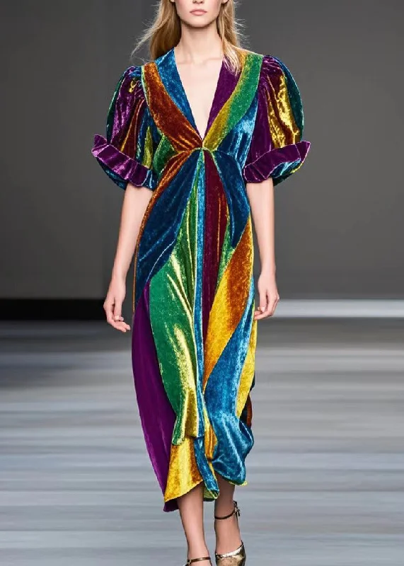 Exclusive Deal puff sleeve dressFrench Multicolor V Neck Patchwork Silk Velvet Tea Dress Puff Sleeve Exclusive Deal puff sleeve dressFrench Multicolor V Neck Patchwork Silk Velvet Tea Dress Puff Sleeve
