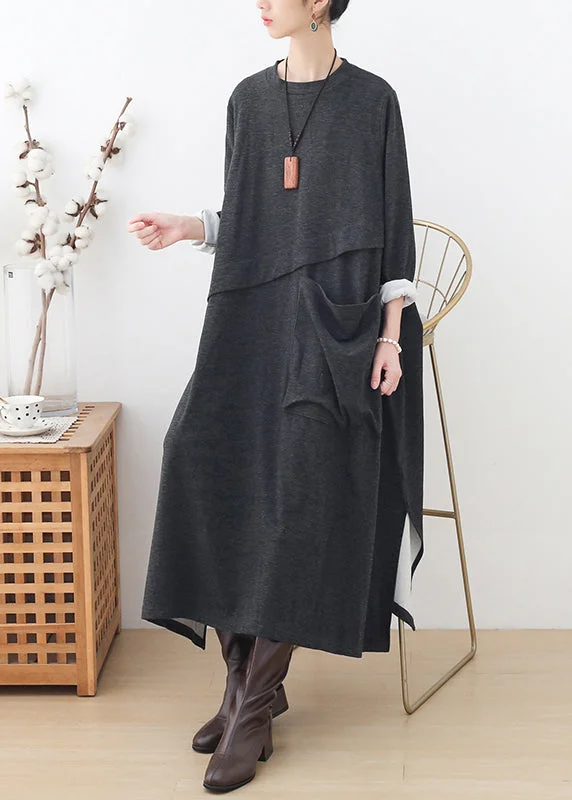 Now or Never velvet dressHandmade Grey O-Neck Pockets Patchwork Side Open Cotton Dress Long Sleeve Now or Never velvet dressHandmade Grey O-Neck Pockets Patchwork Side Open Cotton Dress Long Sleeve