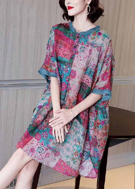 long-sleeve floral dressPlus Size Red O-Neck Print Button Side Open Linen Dress Half Sleeve