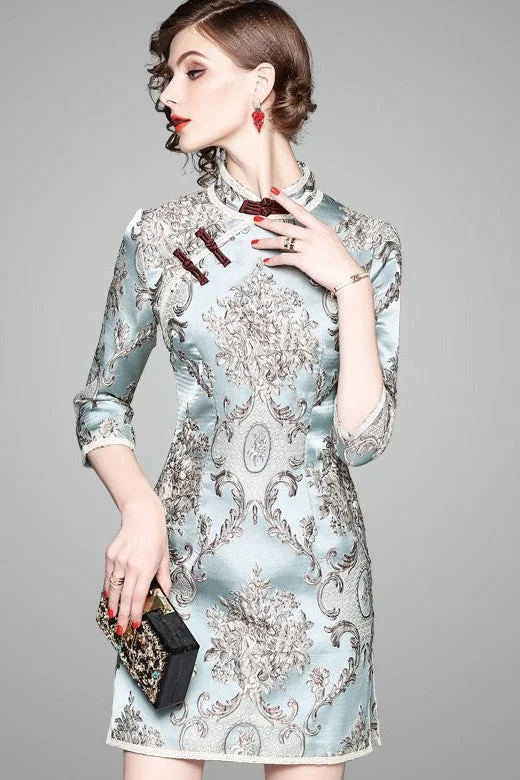 casual midi dressJacquard Flower Qipao Dress