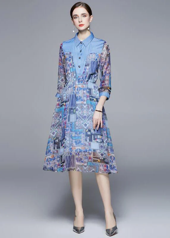 elegant maxi dressHandmade Blue Peter Pan Collar Denim Patchwork Print Chiffon Dress Long Sleeve