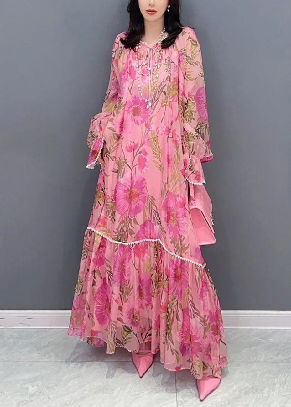 Savings Alert tiered dressStylish Pink Print Patchwork Chiffon Long Dress Fall