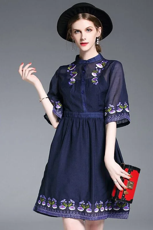 casual knit dressFloral Embroidered Pleated Dress