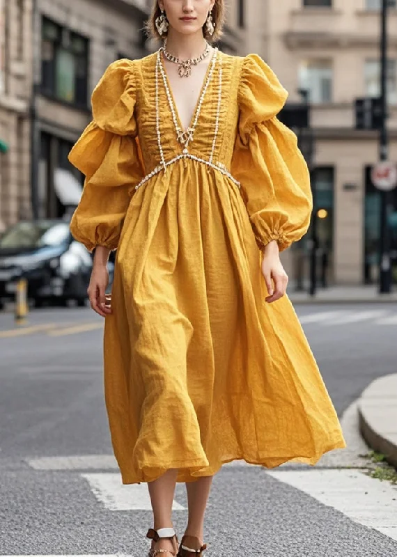 trendy dressFrench Yellow Puff Sleeve Nail Bead Wrinkled Cotton Party Dress