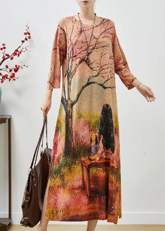New Deals midi dressBeautiful Khaki Oversized Print Knit Long Dresses Fall