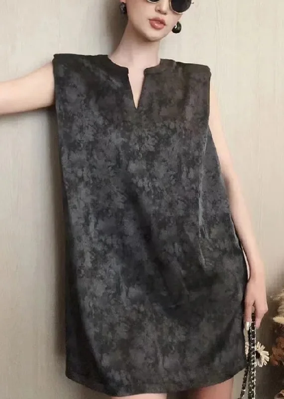 Super Bargain romantic dressFrench Black V Neck Tie Dye Cotton Mid Dress Sleeveless