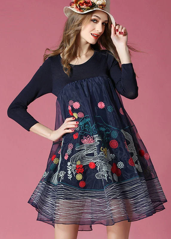 layered dressBohemian Navy Embroideried Patchwork Organza Holiday Dress Spring