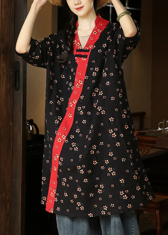 chic wrap dressLoose Black Print Pockets Patchwork Cotton Dresses Summer