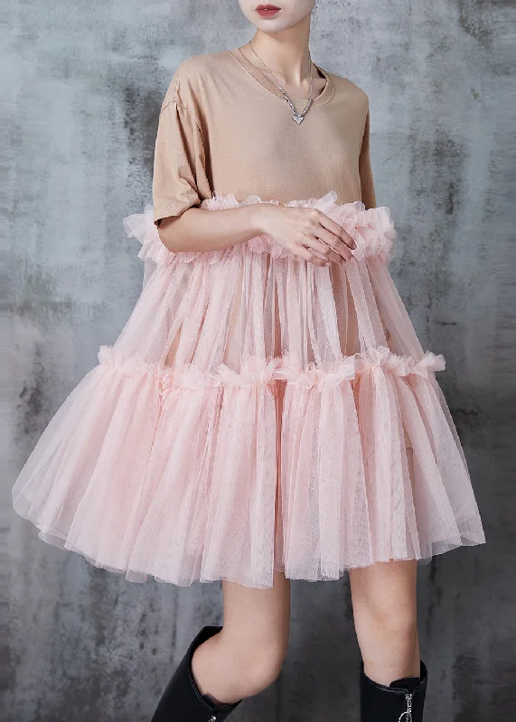 sleek dressCasual Apricot Ruffled Patchwork Tulle Tea Dress Summer