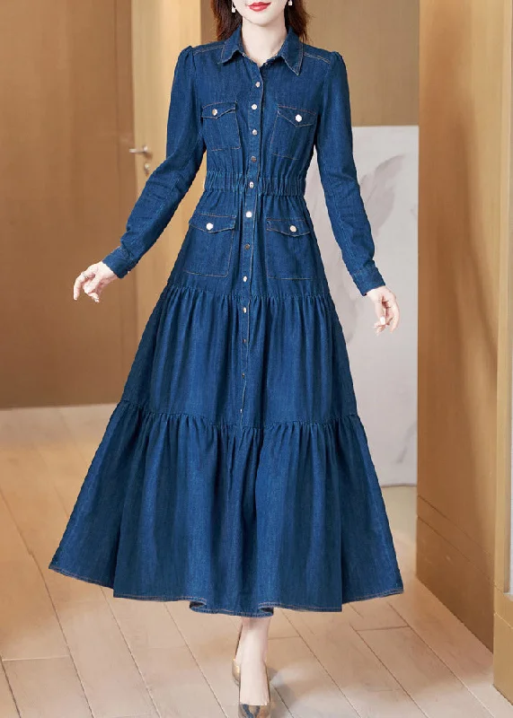 Unmissable Offer casual evening dressBeautiful Denim Blue Peter Pan Collar Patchwork Wrinkled Tunic Button Cotton Maxi Dresses Long Sleeve