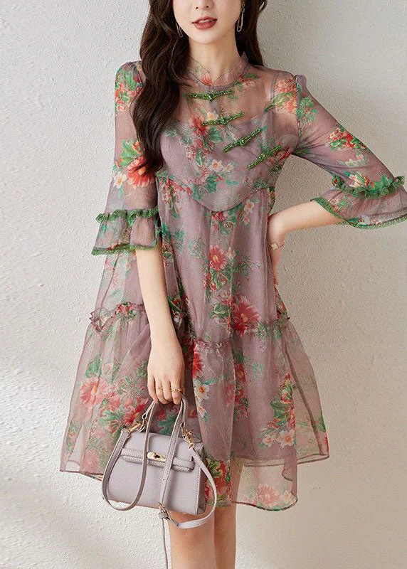 floral dressBeautiful Light Purple Ruffled Chinese Button Print Tulle Oriental Dresses Summer