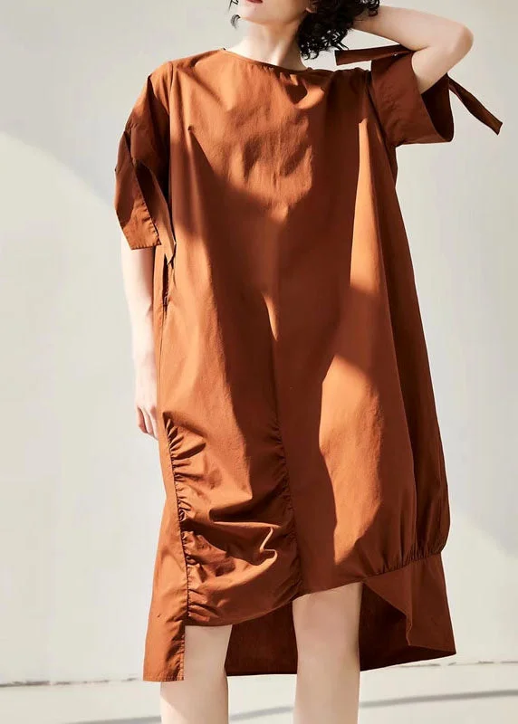 Seasonal Sale sophisticated dressVintage Caramel Asymmetrical Wrinkled Cotton Holiday Dress Short Sleeve Seasonal Sale sophisticated dressVintage Caramel Asymmetrical Wrinkled Cotton Holiday Dress Short Sleeve