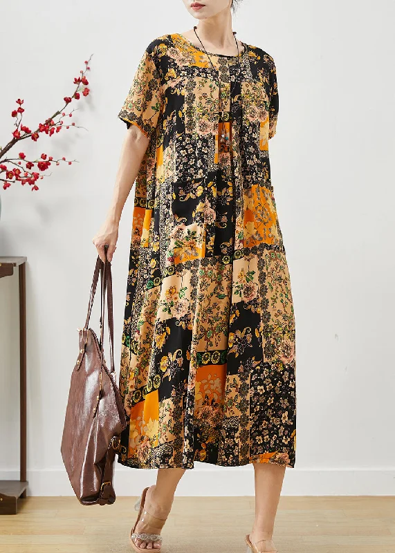 Limited Stock flowy evening dressArt Yellow Oversized Print Silk Holiday Dress Summer Limited Stock flowy evening dressArt Yellow Oversized Print Silk Holiday Dress Summer