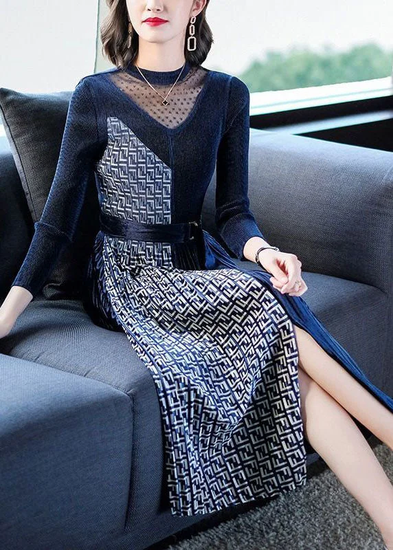 New Deals long-sleeve floral dressNavy Asymmetrical Design Silk Velour Long Dress Hollow Out Spring